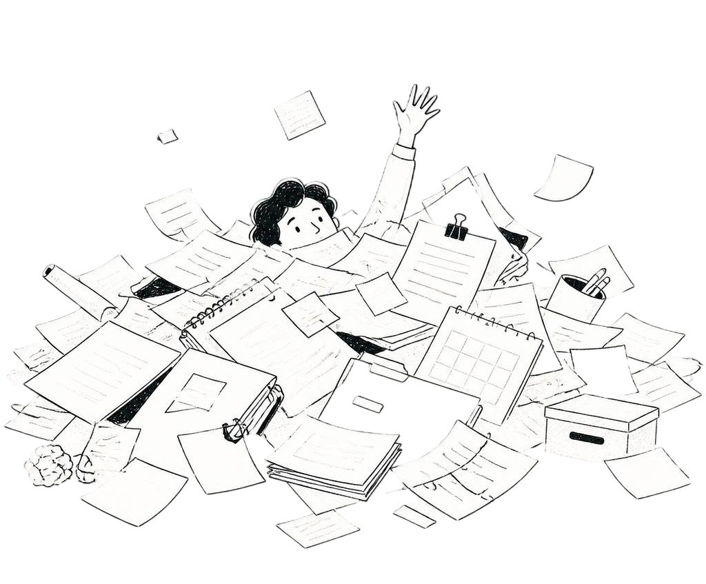 Illustration of a person overwhelmed by paper notes, documents, and office supplies